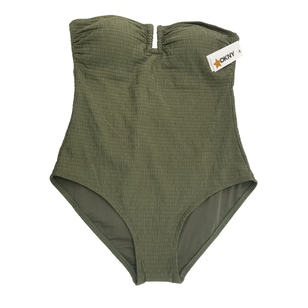 DKNY Womens Olive Green Smocked Strapless Notch One Piece Swimsuit XL NEW - Picture 5 of 13